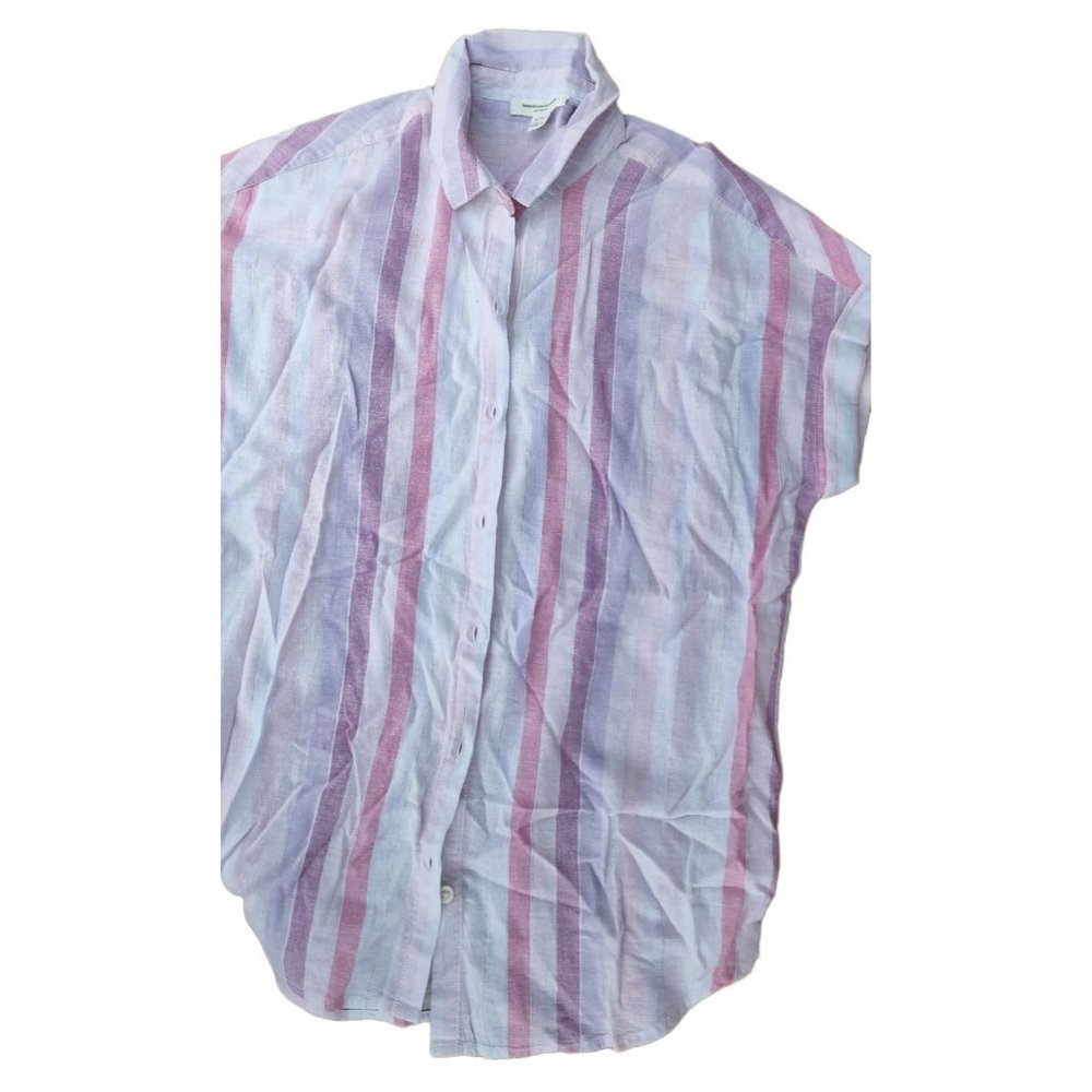 Beach lunch lounge Striped Short Sleeve Button Up Shirt‎ Multicolor Womens Small